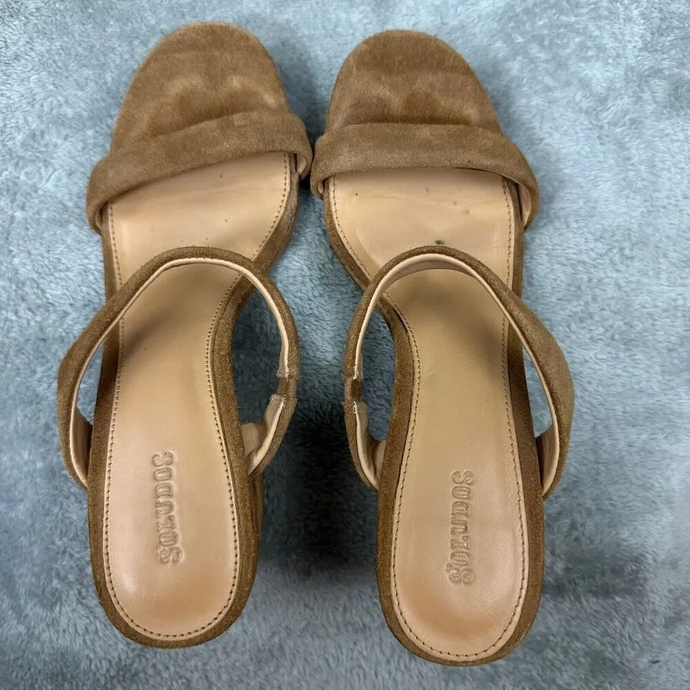 Soludos Block‎ Heel Suede Sandals Womens 8.5 Tan Brown Good Mule Two Strap